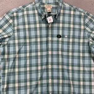 L.L. Bean Men Button Down Shirt XL Tall Green Blue Plaid Short Sleeve Pocket NEW
